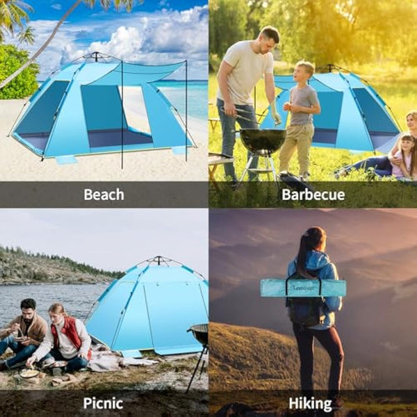 4-5 Person Instant Pop Up Automatic Beach Tent, Extra Large Portable Ventilated Automatic Beach Sun Shelter Tent, UPF 50+ Easy Setup Beach Tent for Picnic,Beach,Garden(Blue)