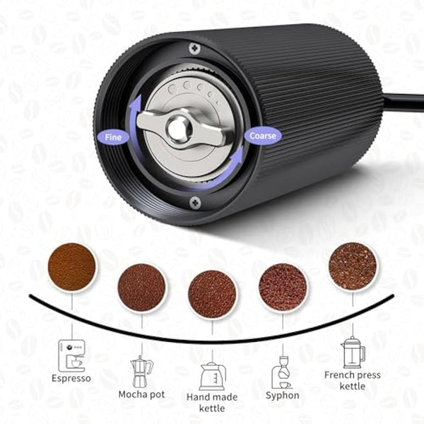 ELMWAY Manual Coffee Grinder – Stainless Steel Burr & Shaft, Dual Bearings, Lightweight Aluminium Body & Handle, Adjustable Grind, ABS Support Frame, Travel Pouch – Black