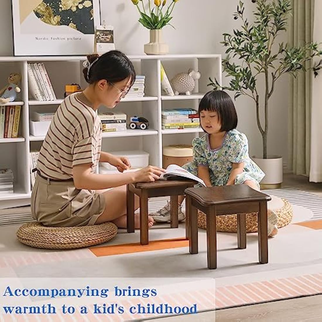 Aibiju Kids Step Stool, Small Short Stool, Shoe Changing Stool, Solid Wood Stool for Kids,Portable Stools for Adults Heavy Duty, Plant Table,Brown,JPRF-1353