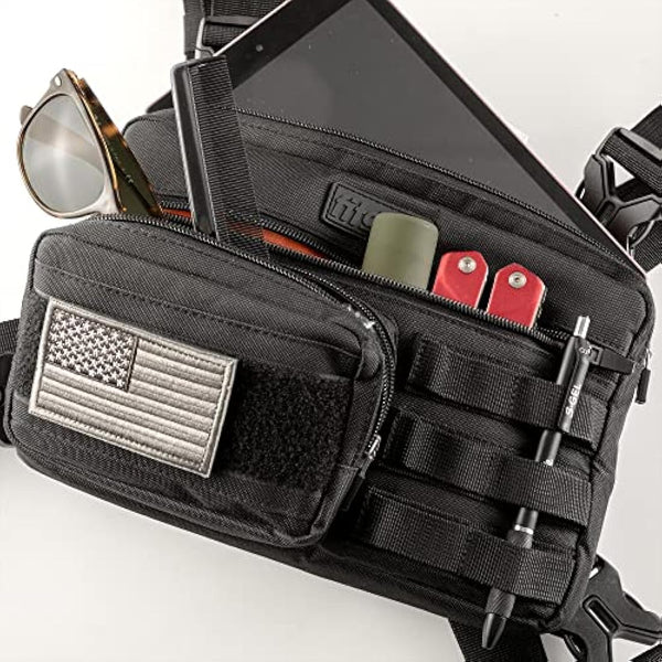 Fitdom Tactical Inspired Sports Utility Chest Pack. Chest Bag for Men with Built-in Phone Holder. This EDC Rig Pouch Vest is Perfect for Workouts, Cycling & Hiking, Black, S, Rig Fit