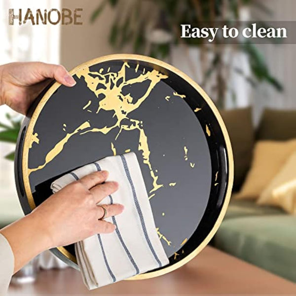 Hanobe Round Decorative Coffee Tray: Marble Pattern Serving Circle Tray with Handles Coffee Table Trays for Living Room Bar Drink Party Home Kitchen, Black