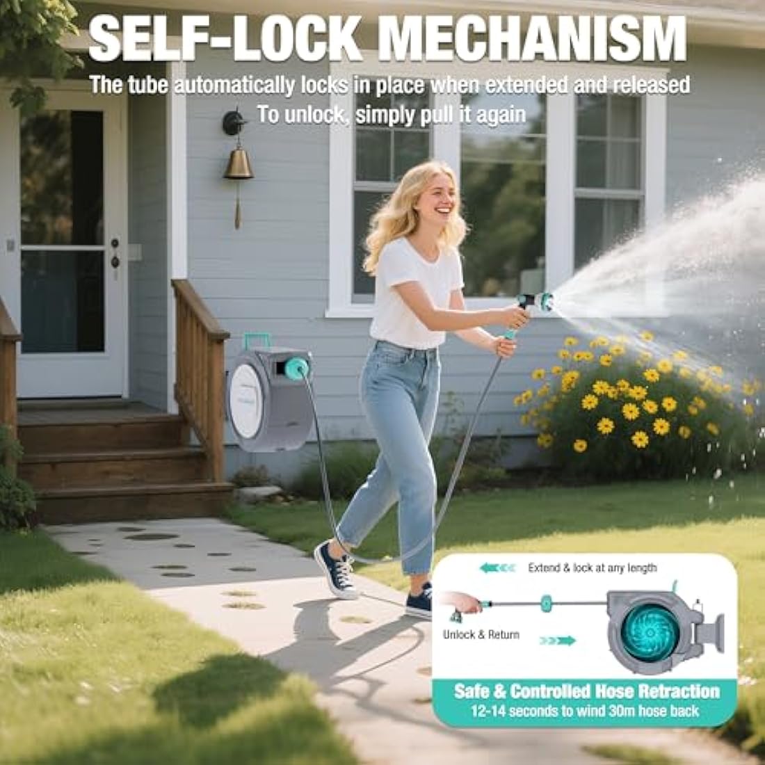 HAUSHOF 30m Wall Mounted Hose Reel with 10-in-1 Spray Gun, 180° Swivel Garden Hose Reel, Auto Retractable Hose Pipe Reel with Lock Mechanism, Ideal for Outdoor Watering