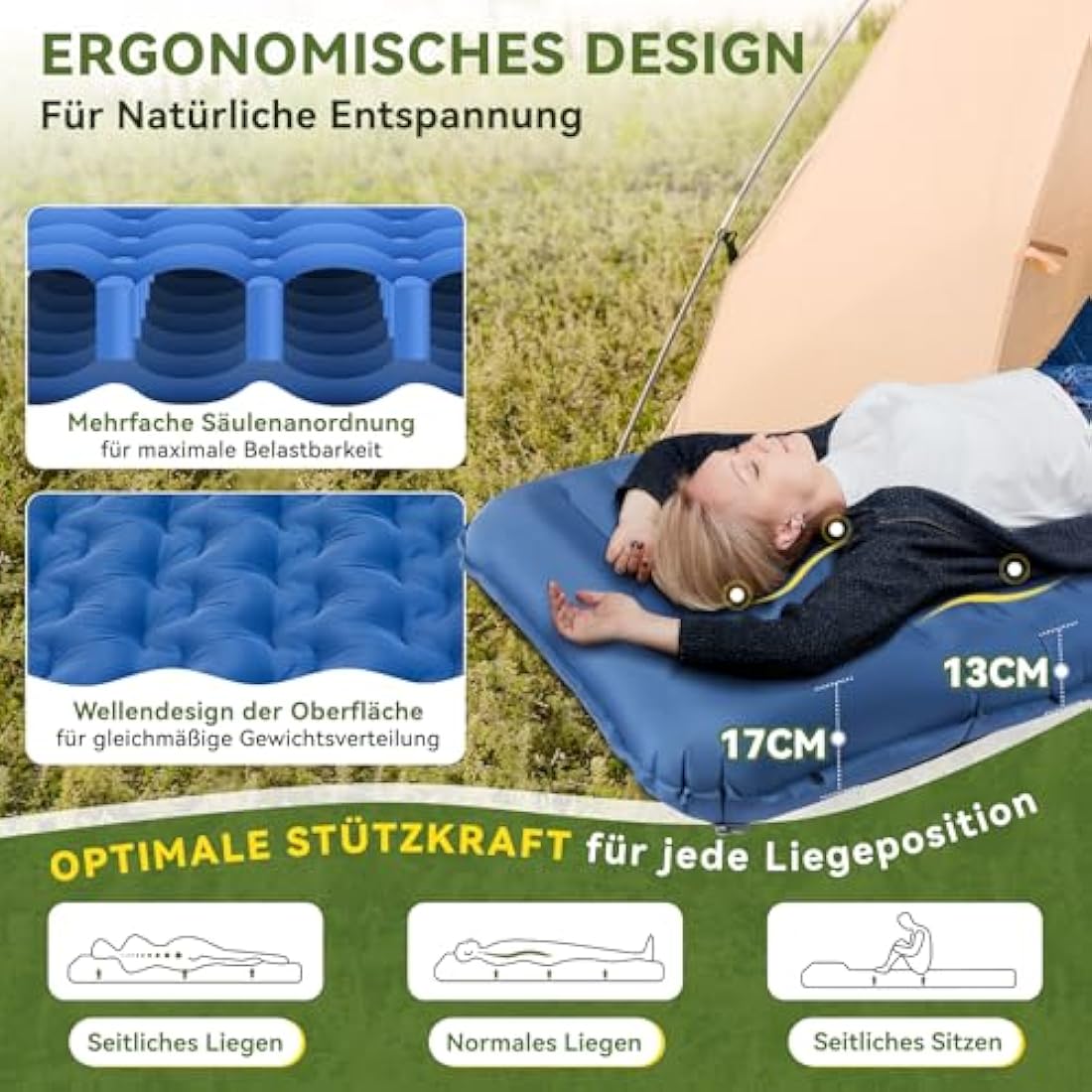 HIKENTURE Self-Inflating Sleeping Mat, 13 cm Ultra Thick Sleeping Mat Camping with Cushion, Inflatable Air Mattress, Small Pack Size, Ultralight Sleeping Mat with Foot Pump for Outdoor, Hiking, Tent,