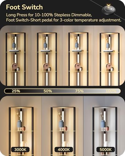 EDISHINE LED Floor Lamps with Glass Shelves, 4 Layers Wood Dimmable Standing Lamp, 360° Rotatable Poles, Corner Floor Lamps for Living Room Bedroom Office, Black