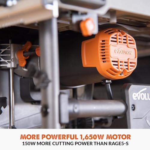 Evolution Power Tools R255TBLX+ Table Saw With Stand (Next Gen Rage 5-S) Multi-Material Cutting Blade Included Cuts Wood Metal Plastic, 45˚ Bevel, +/- 60˚ Mitre Angle, 85mm Cut Depth, 1800w Motor 240v