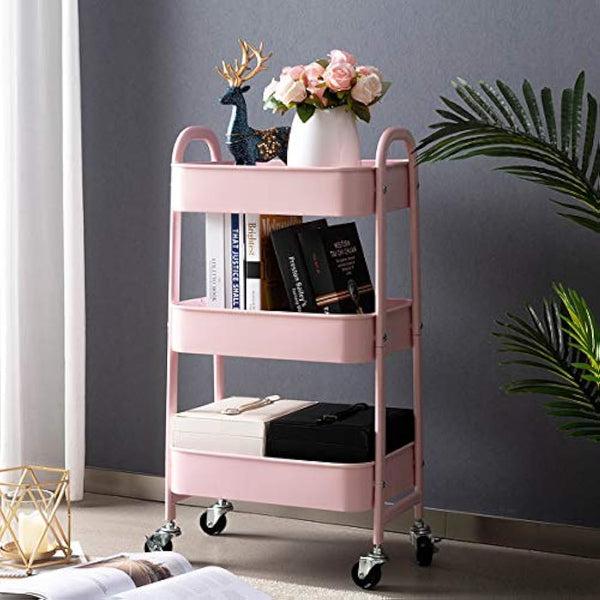 DOEWORKS Storage Cart 3 Tier Trolley Kitchen & Beauty Trolley Metal Rolling Storage Organizer Cart on Wheels for Bedroom, Makeup, Bathroom, Office, Light Pink