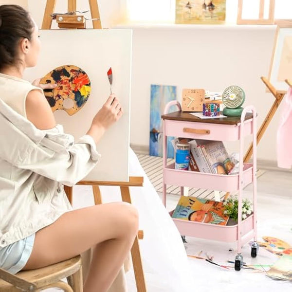 DOEWORKS Storage Trolley on Wheels 3-Tier Metal Trolley Cart with Drawer Rolling Kitchen Trolleys Beauty Trolleys with Leather Handle for Room Bathroom Office, Pink