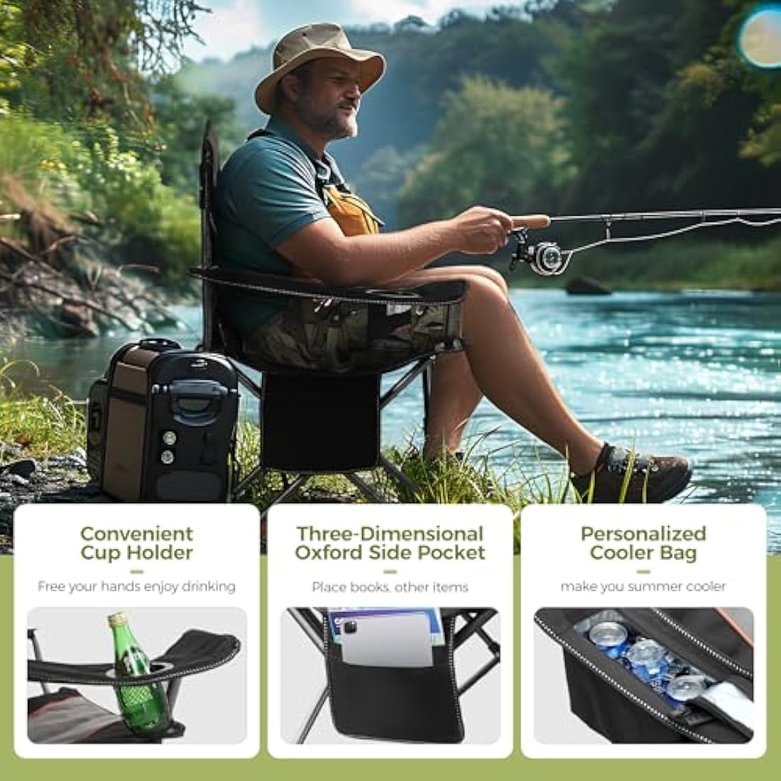 ALPHA CAMP Set of 2 Camping Chairs for Adults Heavy Duty Camping Chair Up to 200 kg Folding Camp Chairs with Cup Holder and Cooler Bag for Outdoor Picnic Fishing, Lightweight and Portable, Black