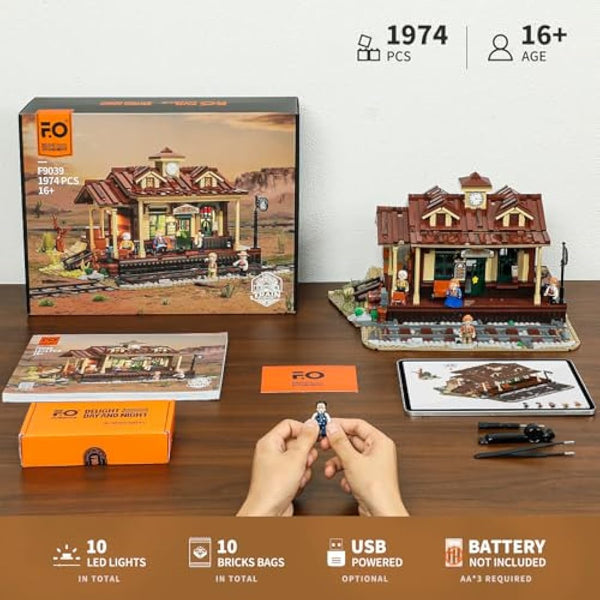 FUNWHOLE Western Train Station Building Set with LED Lights, 1974 PCS Old West Brick Model with 5 Mini Figures, Modular Railroad Station Toy for Adults and Teens, Compatible with Western Series