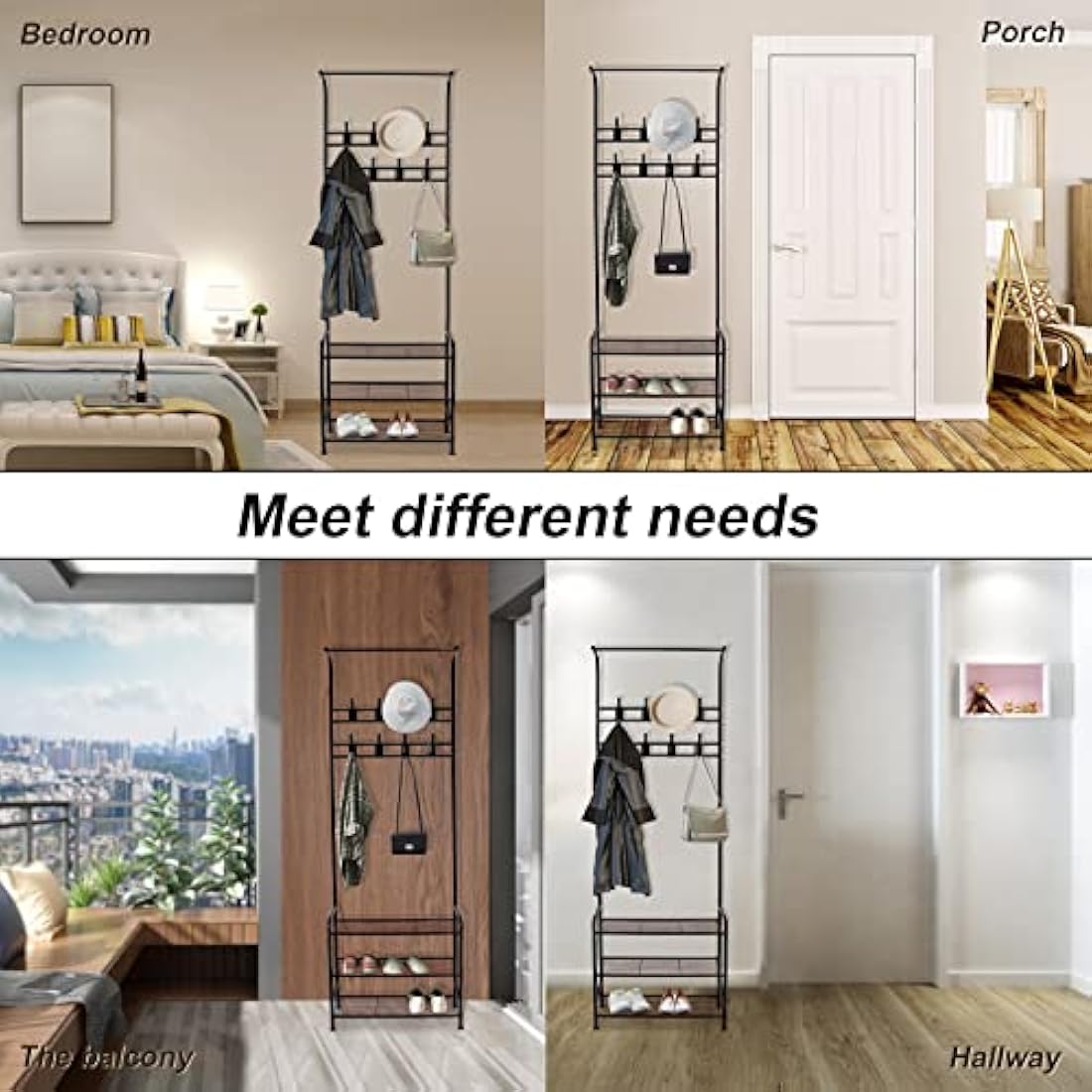 Innotic Coat Rack,Shoe Rack With Coat Hanger 16 Hooks Free Standing Coat Stands For Hallway, Entrance, Matte Steel Coat Rack Stand, Black