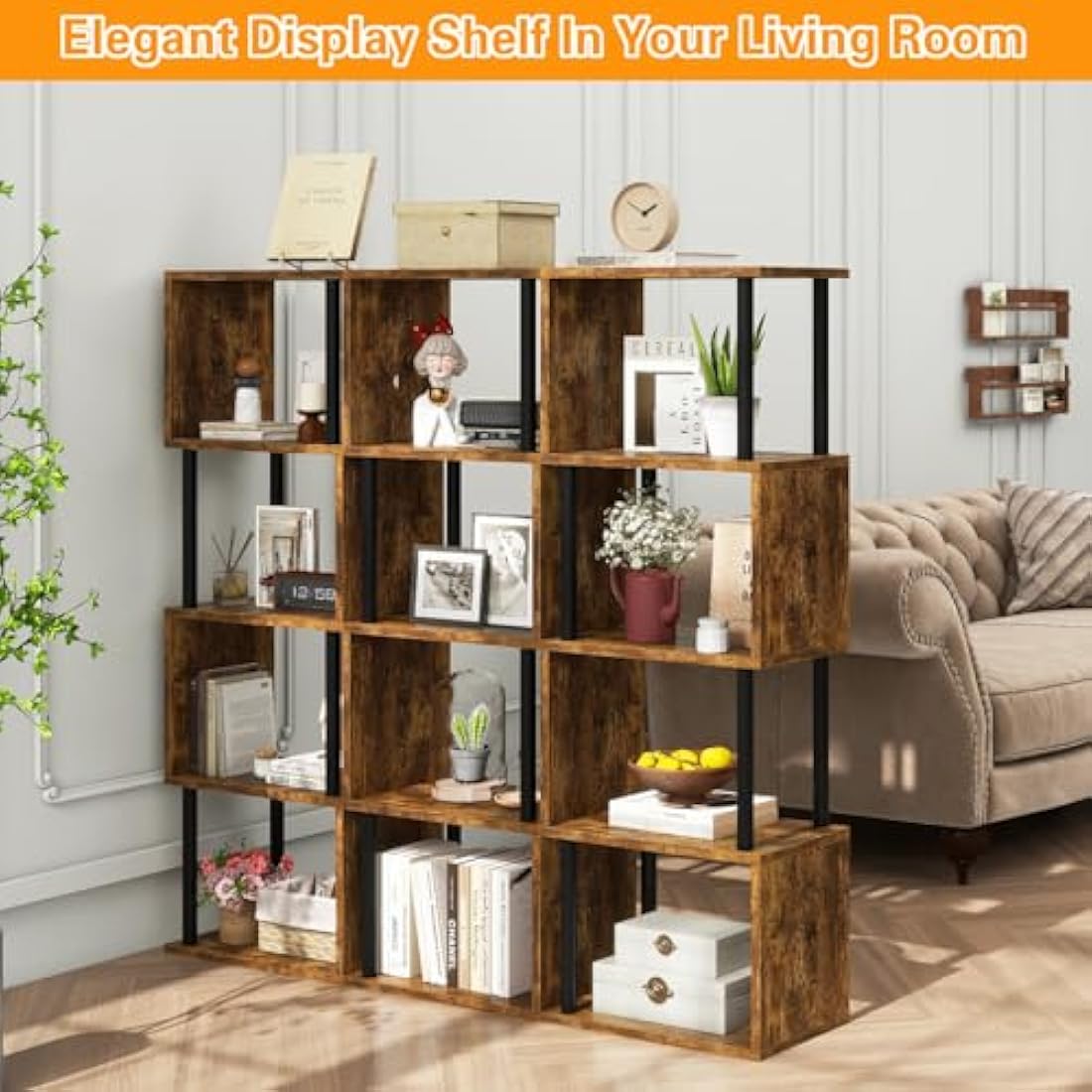 IBUYKE 5/6-Tier Tall Bookshelf,S-Shaped Geometric Bookcase, Wood Display Shelves With Storage,Industrial Bookshelf for Living Room Bedroom, Home Office, Rustic Brown WBC015H