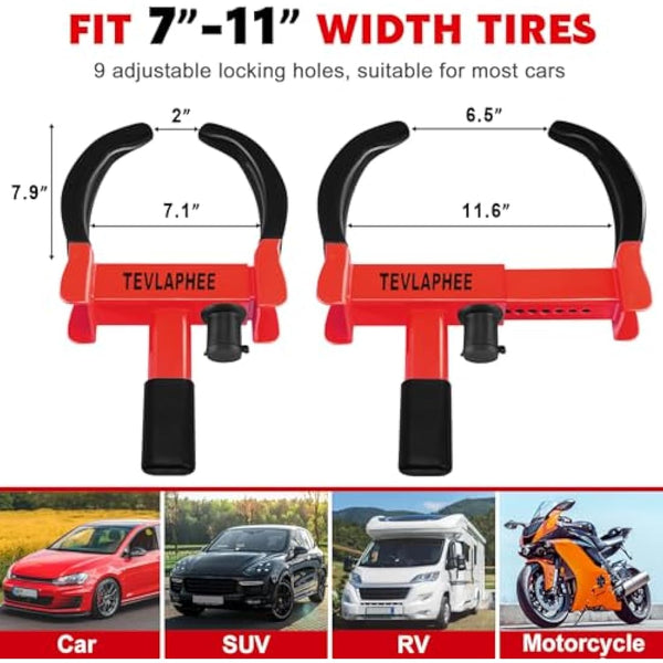 Tevlaphee Wheel Clamp Lock Heavy Duty Anti-Theft, Adjustable Security for Cars, Vans, Motorhomes (Fits 7-11" Tyres), Weatherproof & Vandal-Resistant Design (Black&Red)