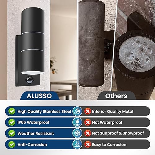 ALUSSO Motion Sensor Outdoor Wall Lights IP65, Stainless Steel Up Down Lights 3000K/4000K/6000K Selectable, 2x 8W GU10 Bulb Included,Outside Security Lights Mains Powered Sconce Wall Mounted for Porch