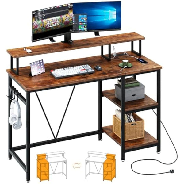 Dripex Computer Desk with Power Outlet, 107.5cm Reversible Desk with Long Monitor Stand, Storage Shelves, Hooks, Work Writing Gaming Table for Home Office