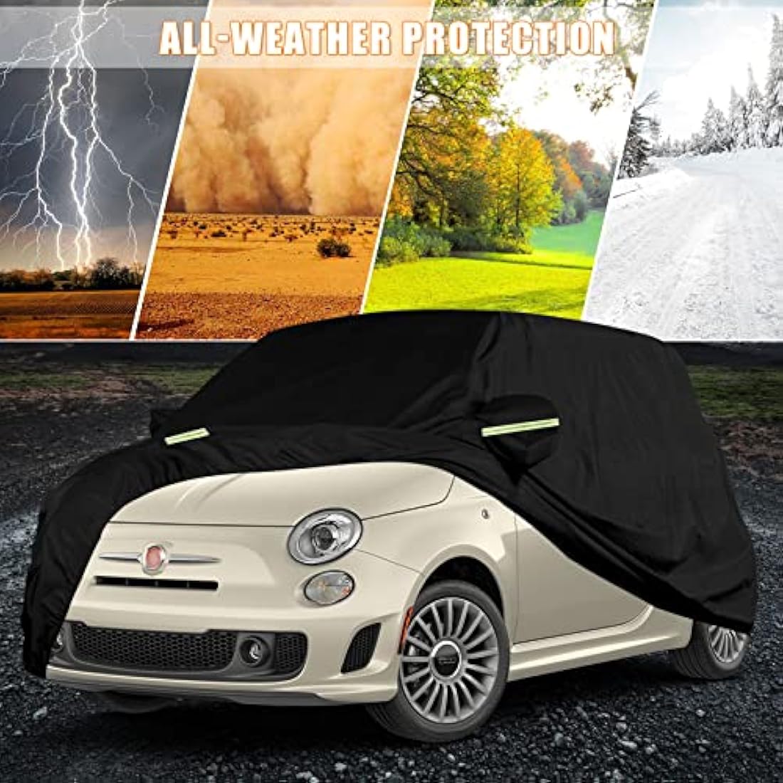 Waterproof Car Cover Compatible with Fiat 500/500C/500E/Abarth 500 2007-2022, 4 Layers All Weather Custom-fit Car Cover with Zipper Door & Windproof Strap for Snow Rain Dust Hail Protection