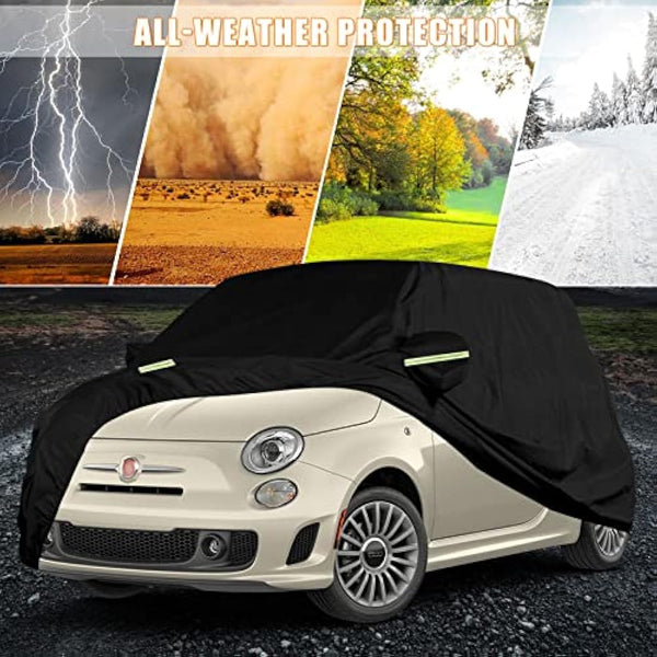 Waterproof Car Cover Compatible with Fiat 500/500C/500E/Abarth 500 2007-2022, 4 Layers All Weather Custom-fit Car Cover with Zipper Door & Windproof Strap for Snow Rain Dust Hail Protection