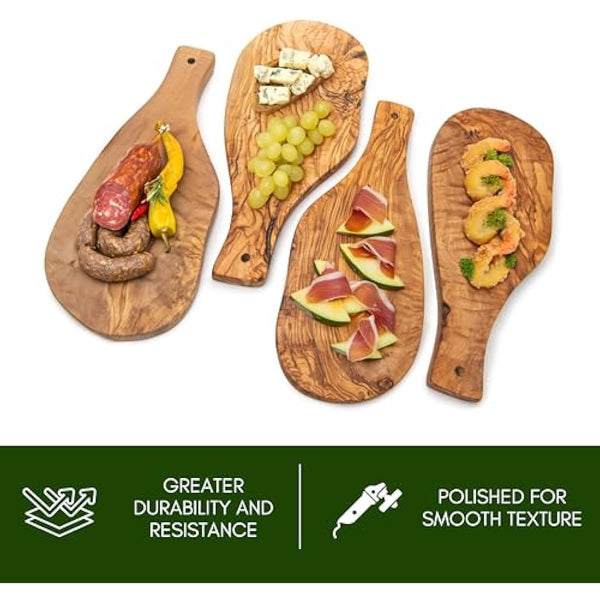Erreke Wooden Chopping Board Set, Handmade Natural Olive Wood, Small Serving Boards, Ideal for Tapas Appetizers Cheese Ham Bread, Mediterranean Style, 28x13 cm Set of 4