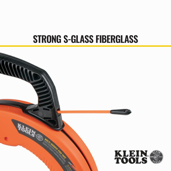 KLEIN TOOLS 56382 Fish Tape, Multi-Groove Fiberglass Wire Puller with Nylon Tip, Optimized Housing and Handle,Orange/Black, 15 m