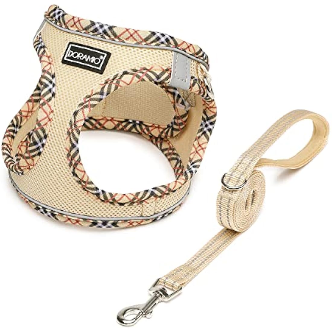 DORAMIO Step-in Dog Harness and Leash Set, Soft Mesh No-Chock Reflective Breathable Easy Walk Lightweight Vest Harnesses with Safety Buckle for Small Dogs, Cats, Puppies (Beige, XL)