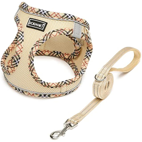DORAMIO Step-in Dog Harness and Leash Set, Soft Mesh No-Chock Reflective Breathable Easy Walk Lightweight Vest Harnesses with Safety Buckle for Small Dogs, Cats, Puppies (Beige, XL)