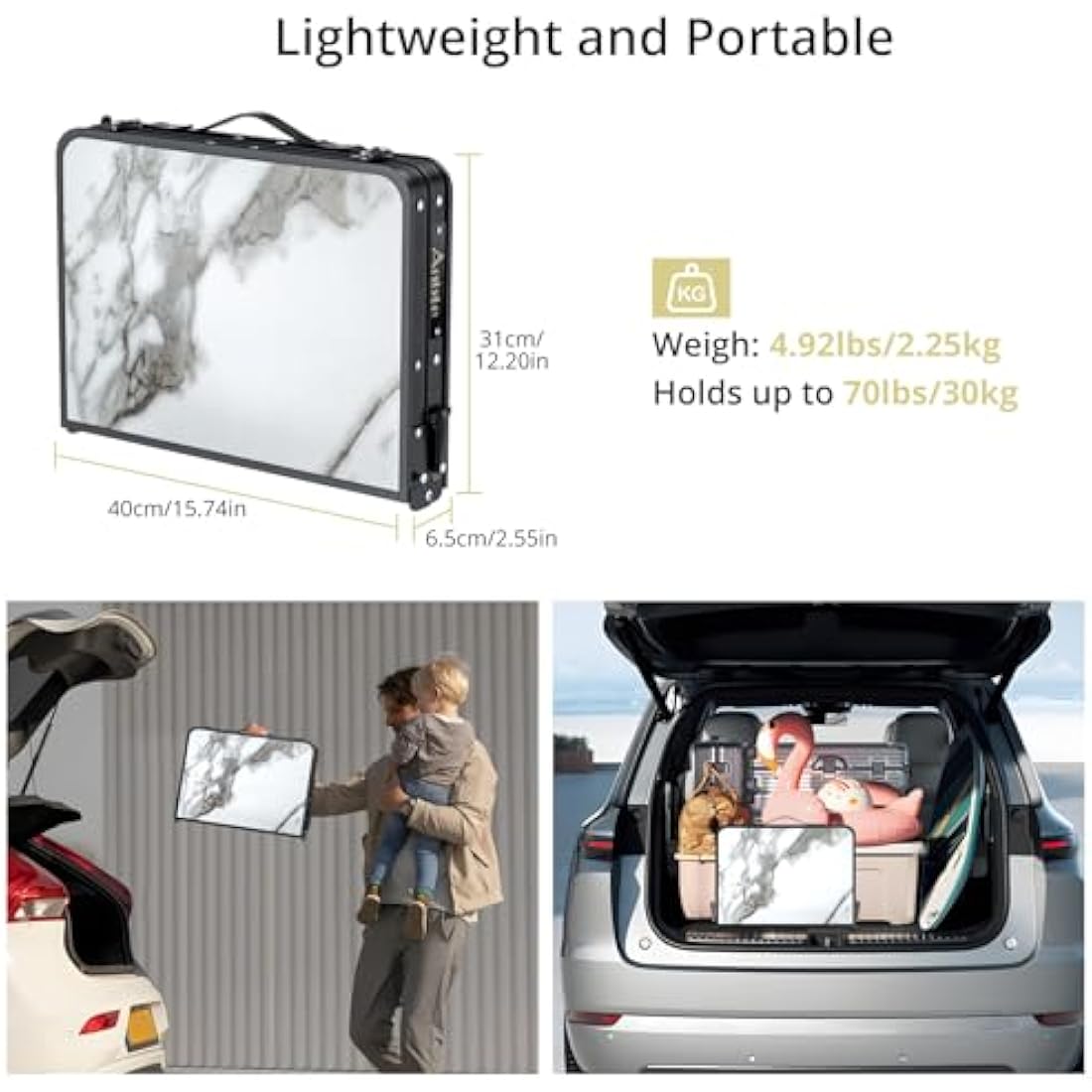 Anbte Folding Camping Table with Storage Net, 3 Adjustable Heights Aluminum Small Folding Table with Carry Handle, Lightweight, for Outdoor Indoor Travel Camping Picnic BBQ Beach, 58 cm x 40 cm