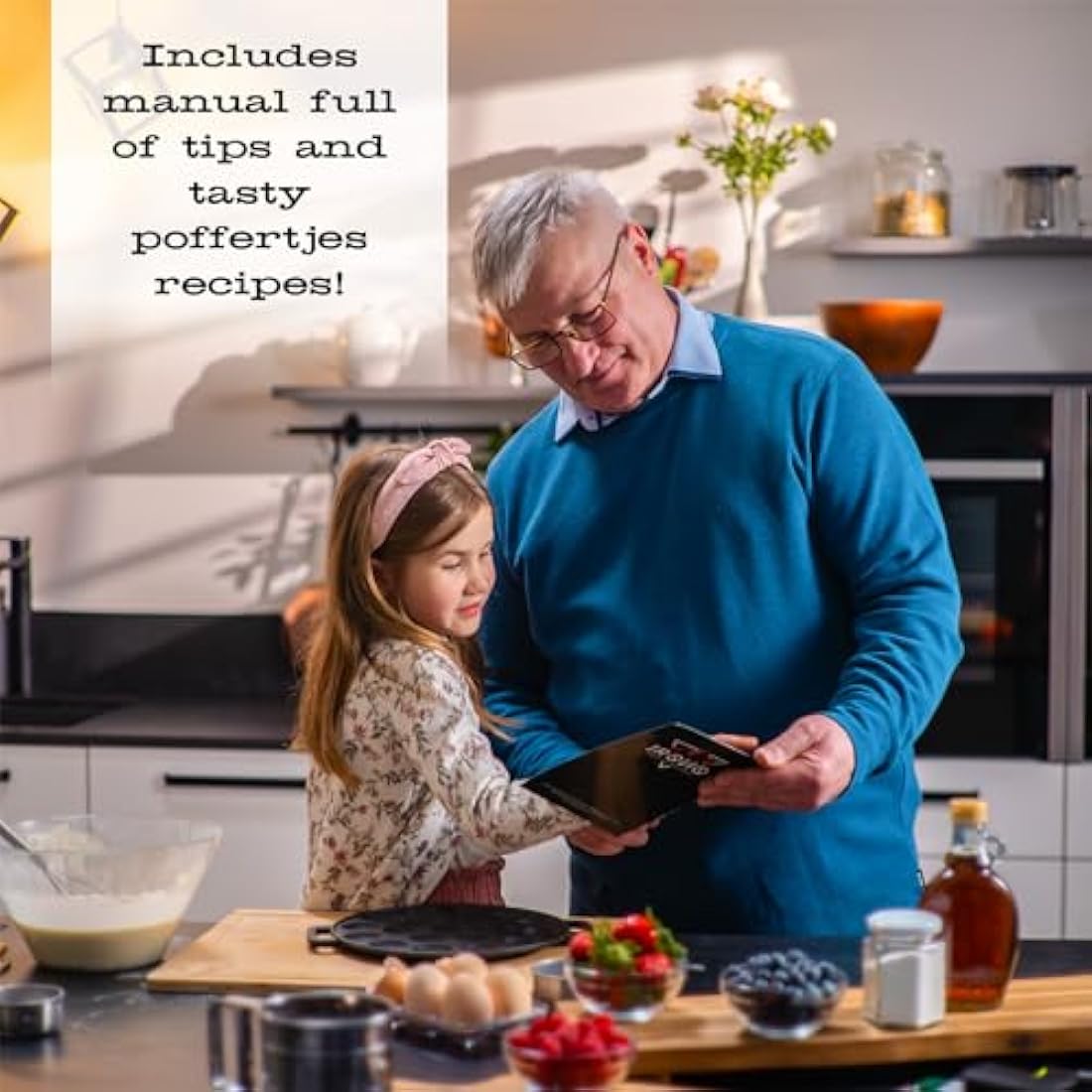 IRONO Poffertjes Pan - Mini Pancake Maker - Pancake Pan - 19 Mini Pancakes - Eggs Crepe Pan - Cast Iron - Includes Brush, Turning Fork, Batter Bottle, Handles