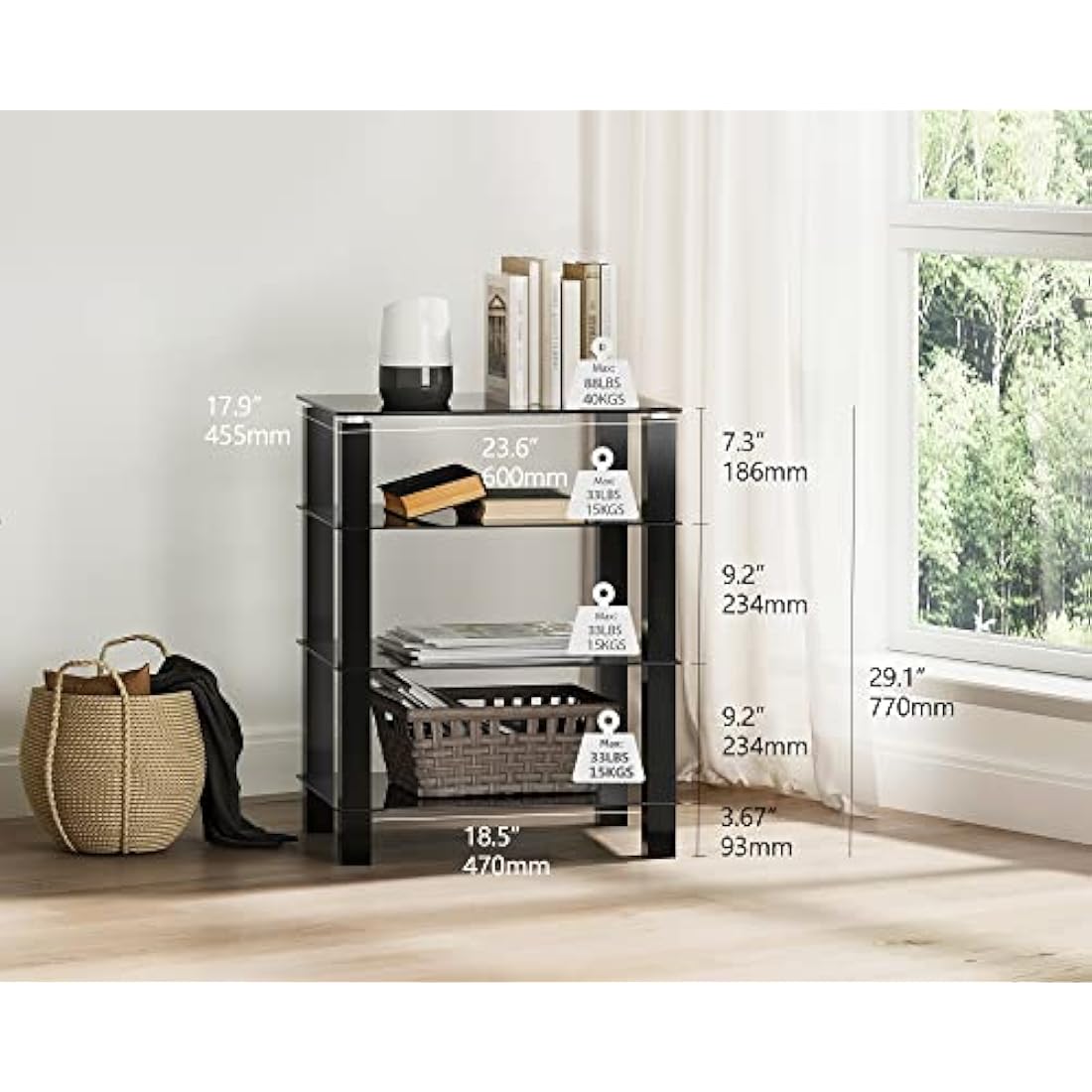 FITUEYES HiFi Rack AV Shelf 4-Tiers Glass TV Stand with Tempered Glass Media Storage Shelves Black