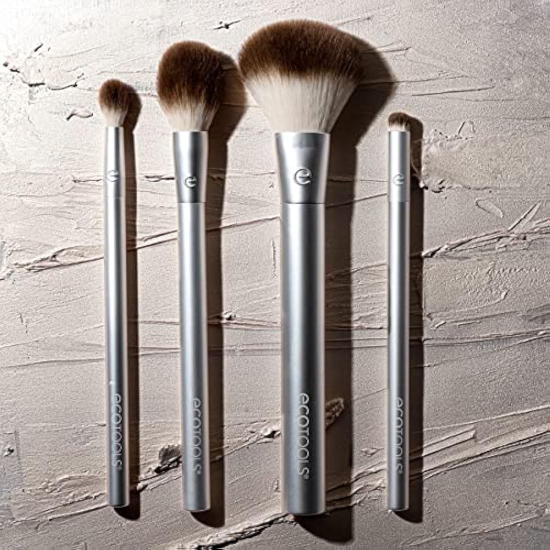 EcoTools Precious Metals Cheek & Eye Highlight Makeup Brush Kit, for Eyeshadow, Blush, & Powder Products, Eco Friendly, Vegan, Cruelty Free Face Brushes, Recycled Aluminum, Chrome, 4 Piece Set
