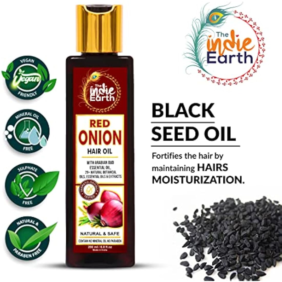 INDIE EARTH RED ONION HAIR OIL 200 ML - ANTI HAIR LOSS & HAIR GROWTH WITH BLACK SEED, CURRY LEAF, HIBISCUS BHRINGRAJ & 29+ NATURAL OILS & EXTRACTS
