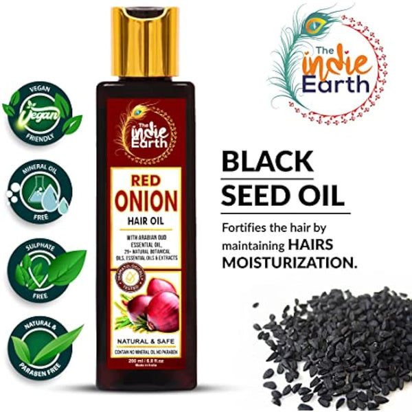 INDIE EARTH RED ONION HAIR OIL 200 ML - ANTI HAIR LOSS & HAIR GROWTH WITH BLACK SEED, CURRY LEAF, HIBISCUS BHRINGRAJ & 29+ NATURAL OILS & EXTRACTS