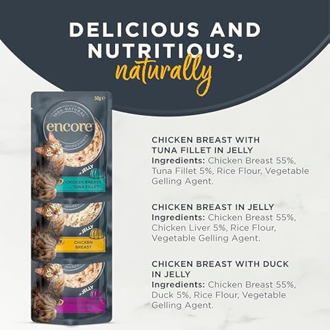 Encore 100% Natural Wet Cat Food, Multipack Chicken in Jelly, 5 x 50 g Pouches