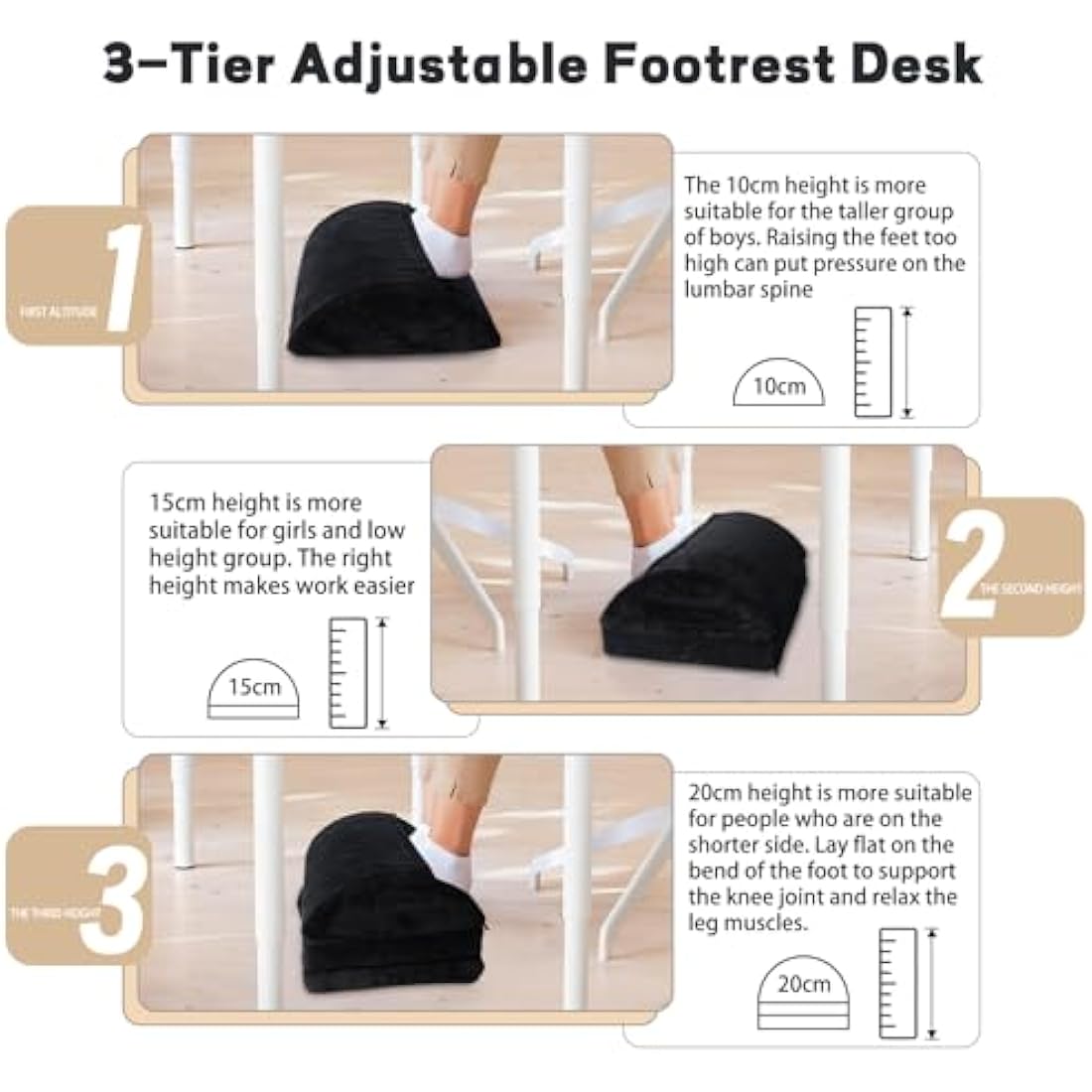Foot Rest Under Desk, 3 Layer Height Adjustable Foot Stool Under Desk, Ergonomic, Black, Soft Comfortable to Relax Legs and Lumbar, Suitable for Office and Home
