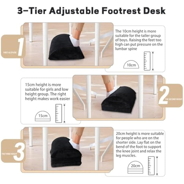 Foot Rest Under Desk, 3 Layer Height Adjustable Foot Stool Under Desk, Ergonomic, Black, Soft Comfortable to Relax Legs and Lumbar, Suitable for Office and Home