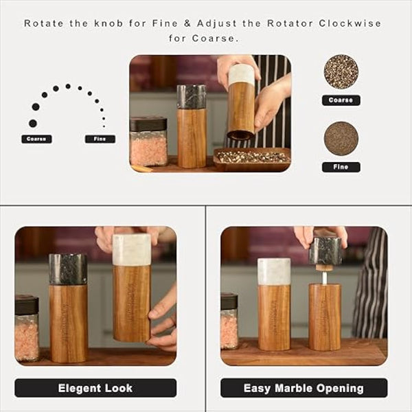 Marshland UK Salt and Pepper Grinder Set - Spice Grinder Made from Acacia Wood and Marble, Set of 2 Salt Grinder and Pepper Mill - Wood Color
