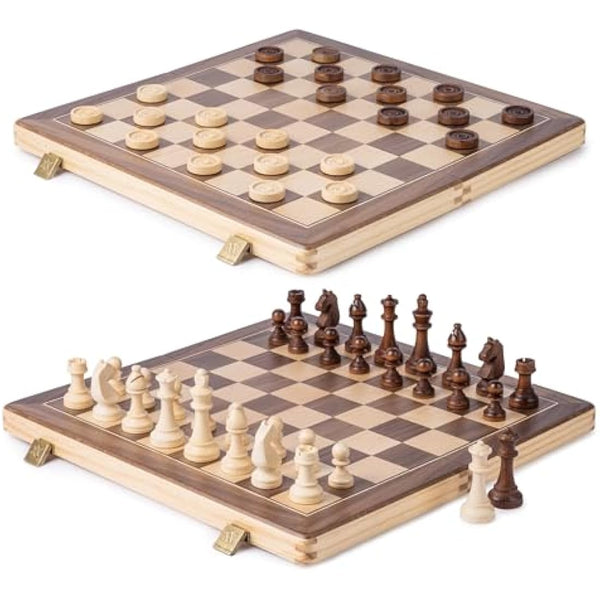 A&A 15 inch Wooden Folding Chess & Checkers Set w/ 3 Inch King Height Staunton Chess Pieces / 2 Extra Queens…