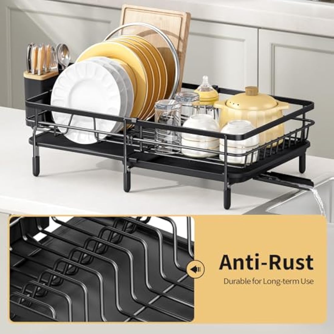 KINGRACK Expandable Dish Drainer Rack,Adjustable Dish Rack,Foldable Dish Drying Rack with Removable Cutlery Holder Swivel Drainage Spout,Anti-Rust Plate Rack for Kitchen 1 Piece