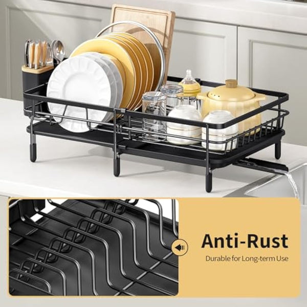 KINGRACK Expandable Dish Drainer Rack,Adjustable Dish Rack,Foldable Dish Drying Rack with Removable Cutlery Holder Swivel Drainage Spout,Anti-Rust Plate Rack for Kitchen 1 Piece
