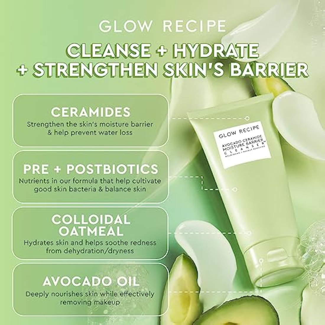 Glow Recipe Avocado Ceramide Moisture Barrier Face Cleanser - Hydrating Facial Cleanser for Dry Skin - Daily Makeup Remover & Gentle Face Wash w/Avocado Oil for Skin Barrier Repair (150ml)