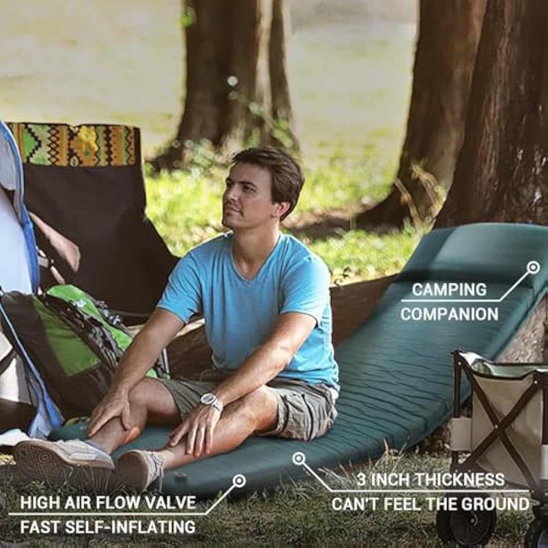 INVOKER Self Inflating Memory Foam Camping Sleeping Mat - Pad with Built in Pillow, Green, 196x70x8cm, 2kg, Waterproof, 150kg Weight Capacity, Rapid Inflation, Plush, Camper