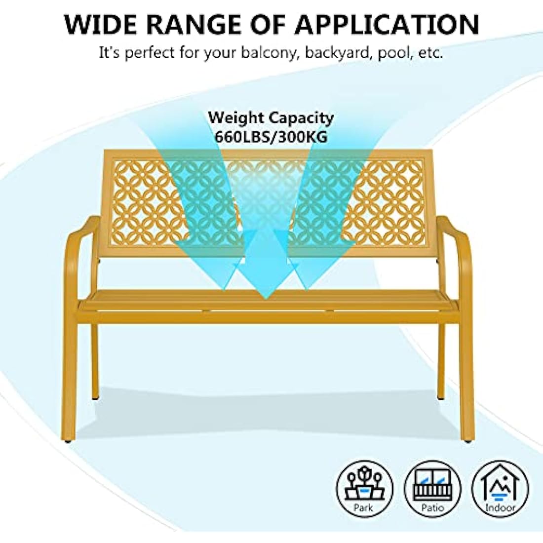 Grand patio Garden Bench, Outdoor Bench with 2-3 Seater, Rust Resistant, Stamped Pattern, Choice of Colours, Suitable for Indoor, Outdoor, Patio, Park (Yellow)
