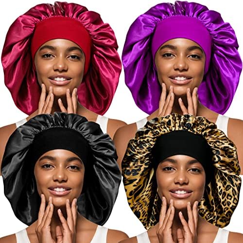 4 Pieces Extra Large Satin Bonnet for Curly Hair, Long Hair Sleep Cap with Wide Elastic Soft Band Big Sleeping Bonnets for Women Hair Care Multicolour