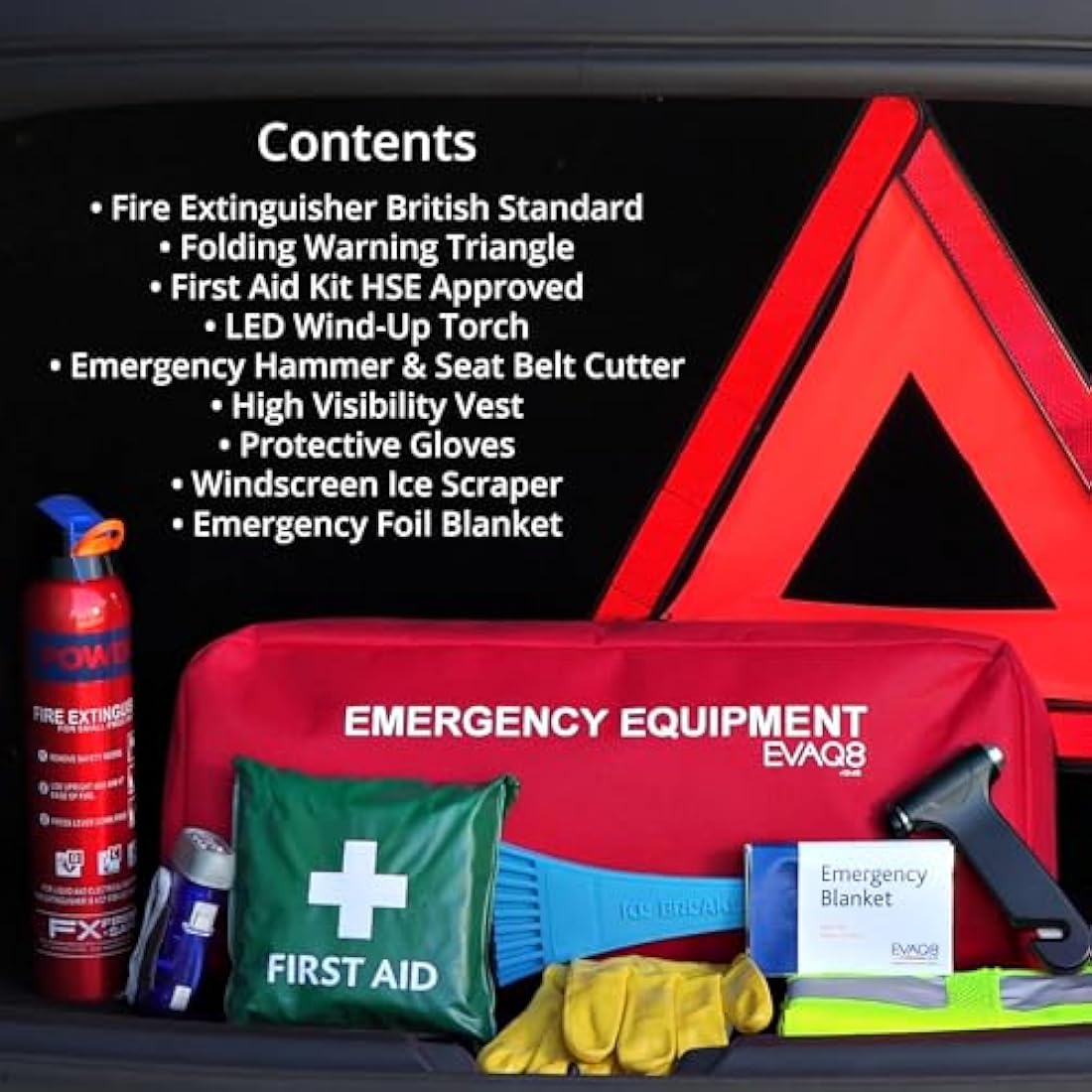 EVAQ8 Advanced Car Safety Kit with Extinguisher and Torch UK Standard Parts Includes Warning Triangle, First aid kit, Emergency Blanket, Safety Hammer, Torch, high Visibility Vest, Carry Bag