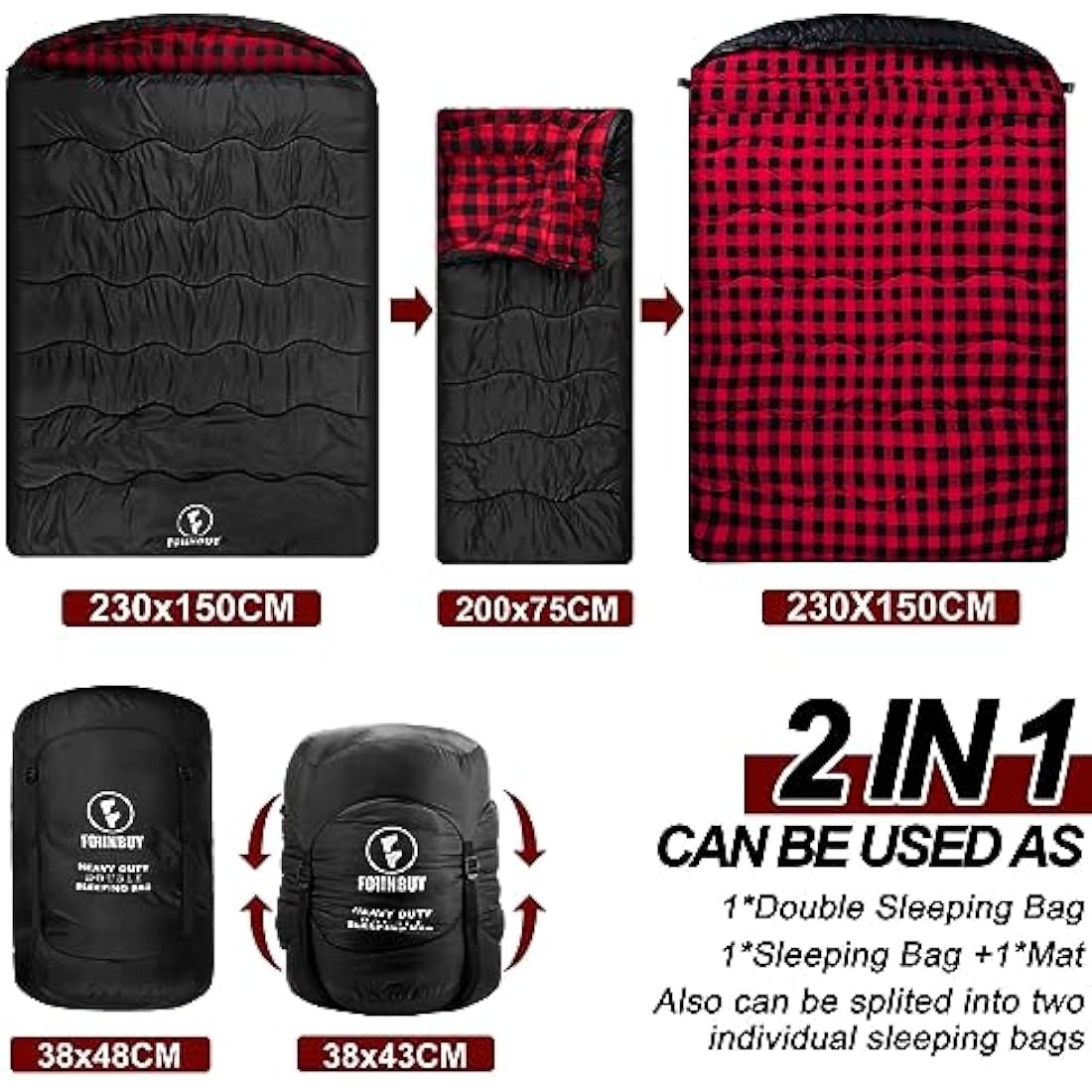 FORINBUY Winter Cotton Flannel Double Sleeping Bag for Adults - 0 degree Queen Size 2 Person Sleeping Bag, Waterproof & Warm for Cold Weather, Ideal for Couples, Family Camping & RV Travel