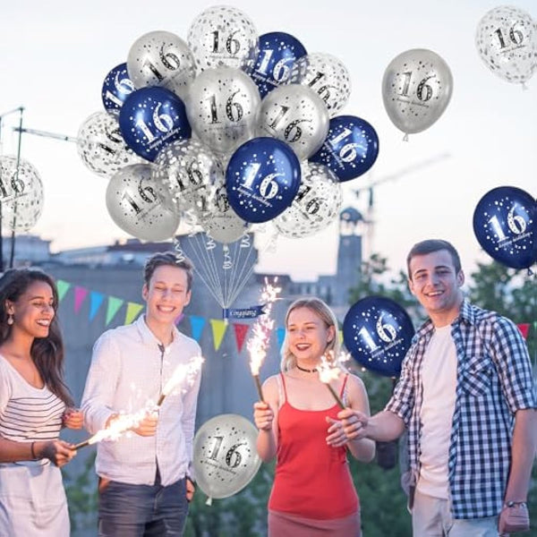16th Birthday Decorations Boys, Pack of 15 Happy 16th Birthday Balloons Latex Helium Navy Blue Silver Confetti Balloons for Age Sixteen 16 Years Old Birthday Party Decorations Celebration Supplies