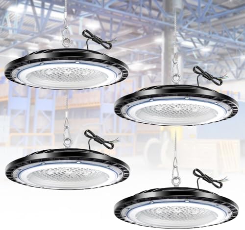 TAUDUDE 4Pack 100W LED High Bay Garage Light (Eqv. 400W MH/HPS) 14000lm Shop With Cable IP66 Waterproof UFO LED Work for Barn Workshop Warehouse Factory Fixtures
