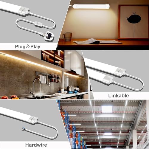 BERIXDEEP 2ft LED Batten Light 6500K Daylight, Linkable Plug in Strip Light for Garage, Workshop, Office, Wall, Kitchen, Shed, Waterproof Plug in Garage Lighting, 2FT, 60cm, 18W