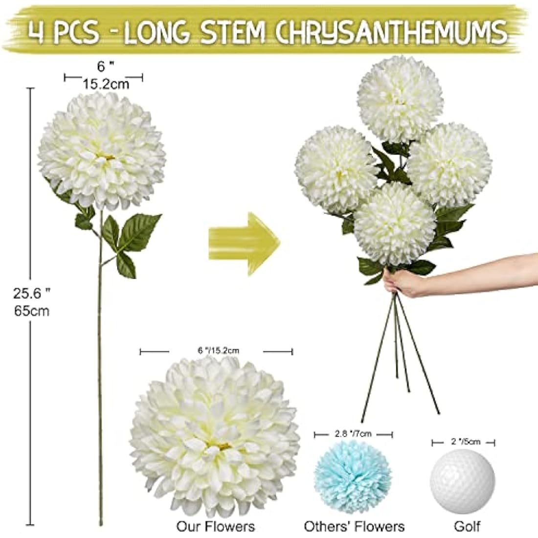 6'' Large Artificial Chrysanthemum Flowers with 25.6'' Long Stem, 4 pcs White Fake Silk Flowers Faux Ball Flowers for Home Decor, Bridal, Wedding, Party, Garden, Floral Arrangement