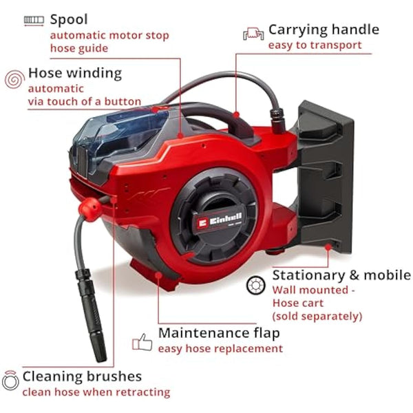 Einhell Wall Mounted Retractable Hose Reel with 30m Hose - Battery Powered Automatic Hose Retraction, Swivels 180°, 30m Garden Hose & Accessories - GE-HR 18/30 Li (Supplied Without Battery)