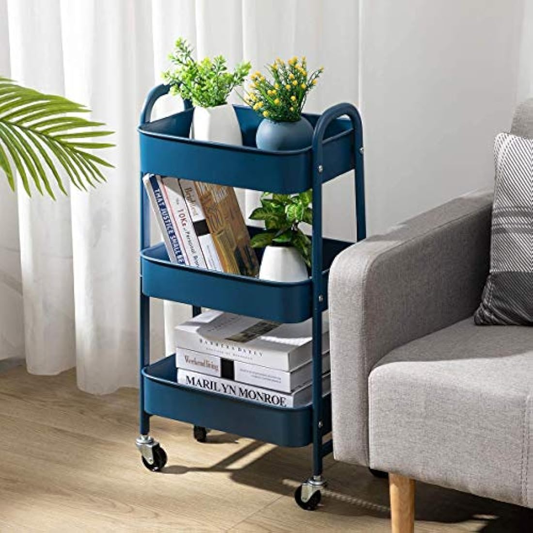 DOEWORKS 3-Tier Storage Trolley on Wheels Metal Storage Cart Rolling Kitchen Trolley Craft Trolleys Beauty Trolleys Utility Cart for Books Bedroom Bathroom Office, Navy Blue
