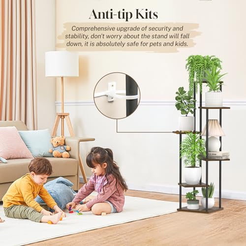 LyTaispuly 6 Tier Oak Wood & Metal Plant Stand, 115cm Tall, Indoor/Outdoor, 55kg Load Capacity, Easy Assembly, Corner Design